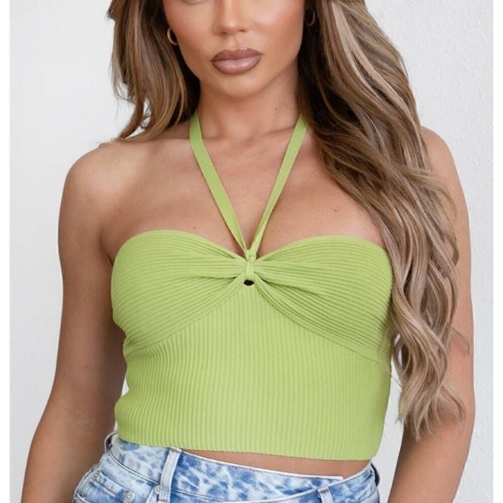 Lime Tic Toc Ribbed Knit Halter Top